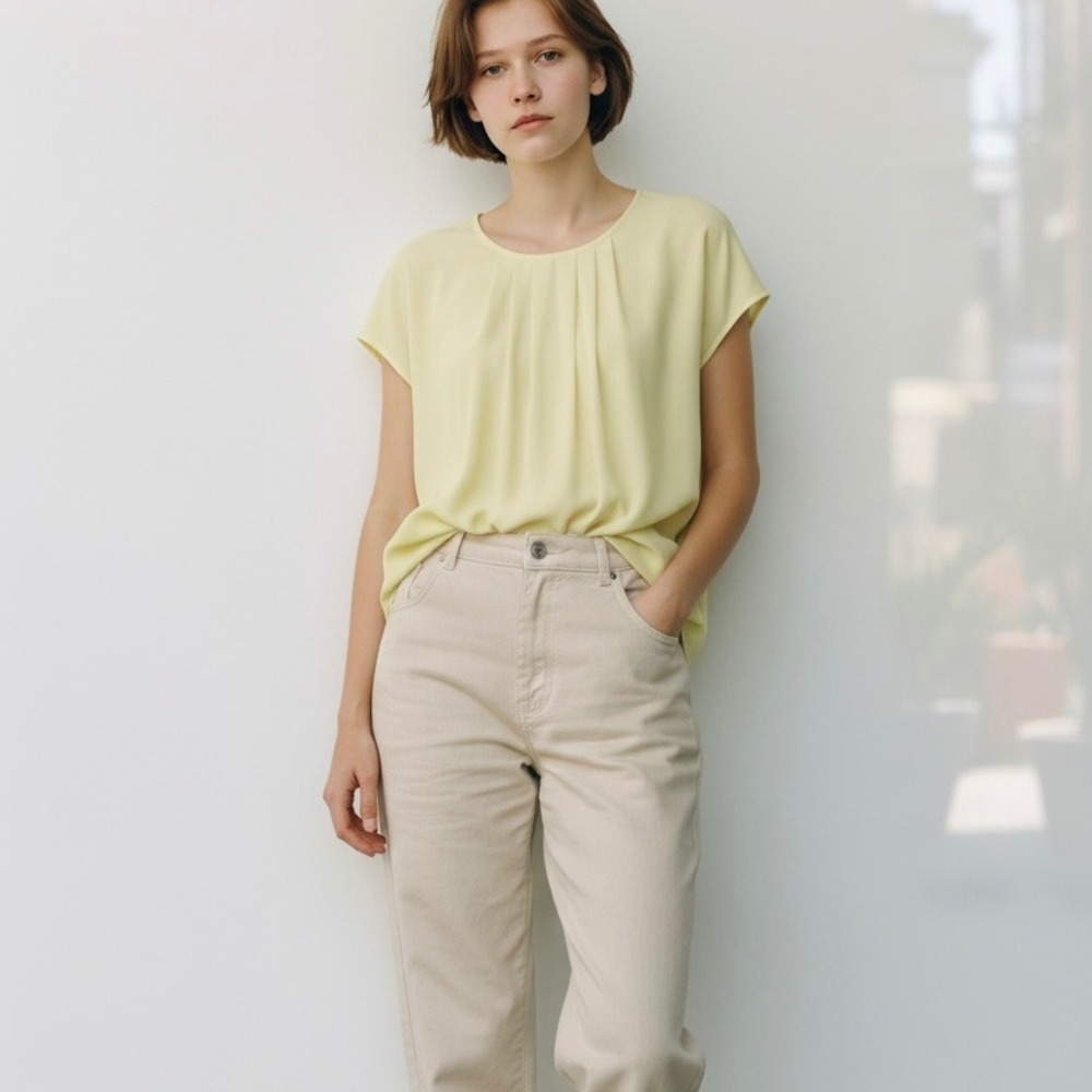 Repeat Silk Blend Pleated Scoop Neck Blouse Yellow Women's Size XS‎